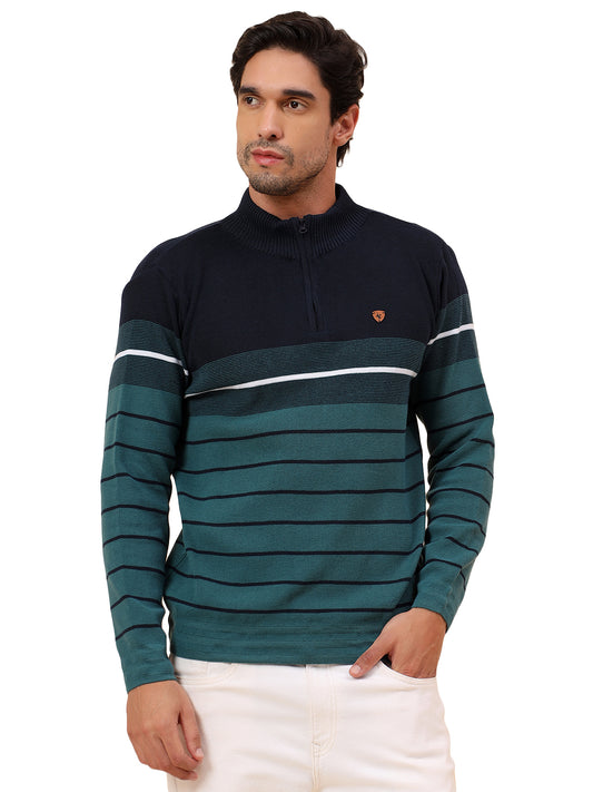 Sweater for Men | Winter Wear Polyester Fabric Zipper Closure Mock Neck Regular Fit Striped Pattern