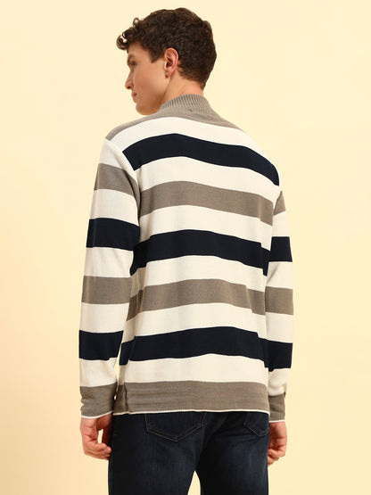 Sweater for Men | Winter Wear Acrylic Fabric Zipper Closure Mock Neck Regular Fit Striped Pattern