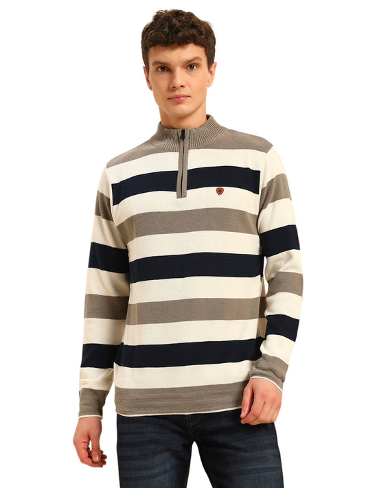 Sweater for Men | Winter Wear Acrylic Fabric Zipper Closure Mock Neck Regular Fit Striped Pattern