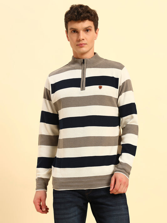 Sweater for Men | Winter Wear Acrylic Fabric Zipper Closure Mock Neck Regular Fit Striped Pattern