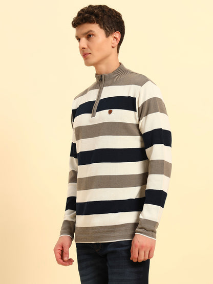 Sweater for Men | Winter Wear Acrylic Fabric Zipper Closure Mock Neck Regular Fit Striped Pattern