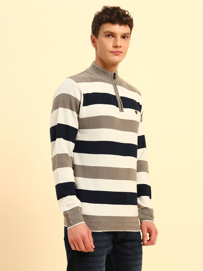 Sweater for Men | Winter Wear Acrylic Fabric Zipper Closure Mock Neck Regular Fit Striped Pattern