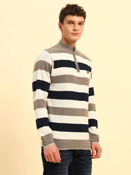 Sweater for Men | Winter Wear Acrylic Fabric Zipper Closure Mock Neck Regular Fit Striped Pattern