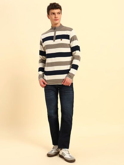 Sweater for Men | Winter Wear Acrylic Fabric Zipper Closure Mock Neck Regular Fit Striped Pattern