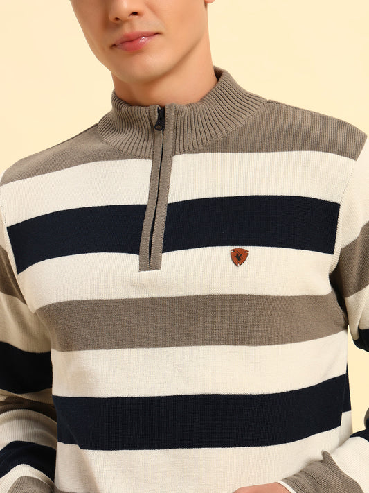 Sweater for Men | Winter Wear Acrylic Fabric Zipper Closure Mock Neck Regular Fit Striped Pattern