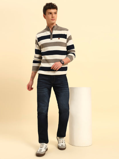 Sweater for Men | Winter Wear Acrylic Fabric Zipper Closure Mock Neck Regular Fit Striped Pattern