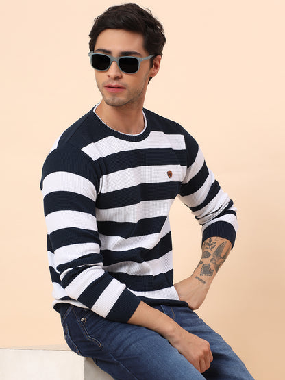 Sweater for Men | Winter Wear Polyester Fabric Pull-On Closure Round Neck Regular Fit Striped Pattern