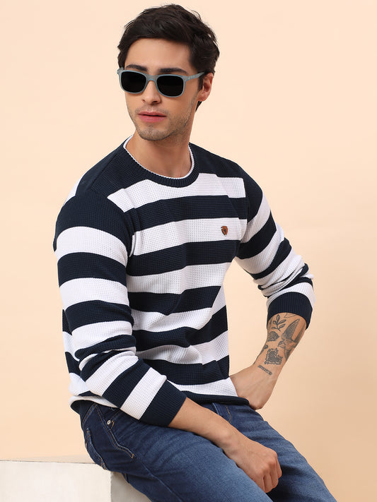 Sweater for Men | Winter Wear Polyester Fabric Pull-On Closure Round Neck Regular Fit Striped Pattern