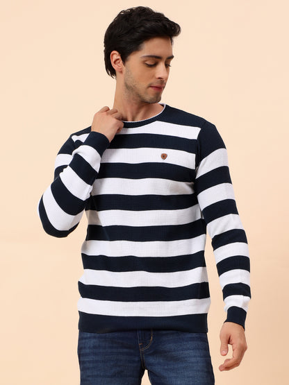Sweater for Men | Winter Wear Polyester Fabric Pull-On Closure Round Neck Regular Fit Striped Pattern