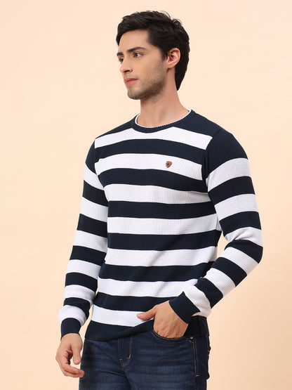Sweater for Men | Winter Wear Polyester Fabric Pull-On Closure Round Neck Regular Fit Striped Pattern