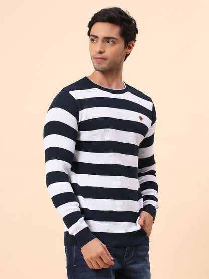 Sweater for Men | Winter Wear Polyester Fabric Pull-On Closure Round Neck Regular Fit Striped Pattern