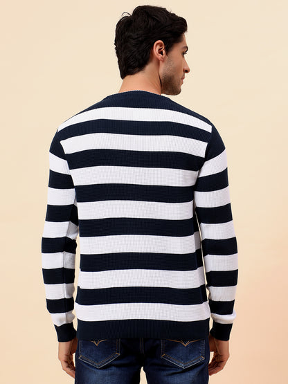 Sweater for Men | Winter Wear Polyester Fabric Pull-On Closure Round Neck Regular Fit Striped Pattern