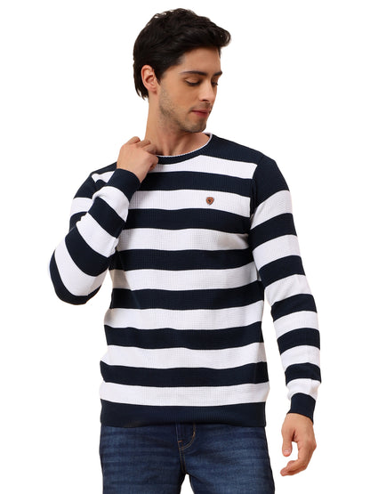 Sweater for Men | Winter Wear Polyester Fabric Pull-On Closure Round Neck Regular Fit Striped Pattern