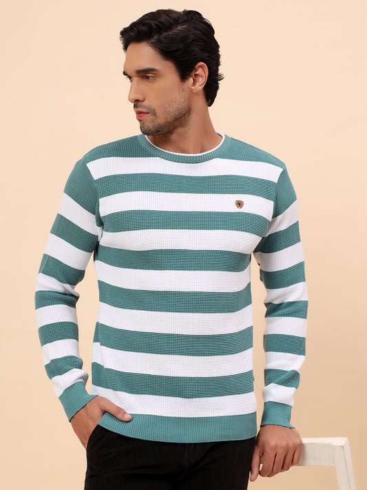 Sweater for Men | Winter Wear Polyester Fabric Pull-On Closure Round Neck Regular Fit Striped Pattern