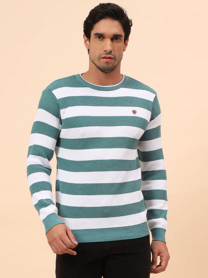 Sweater for Men | Winter Wear Polyester Fabric Pull-On Closure Round Neck Regular Fit Striped Pattern