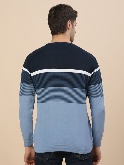 Sweater for Men | Winter Wear Poly Cotton Fabric Pull-On Closure Round Neck Regular Fit Striped Pattern