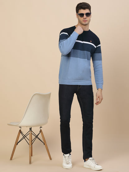 Sweater for Men | Winter Wear Poly Cotton Fabric Pull-On Closure Round Neck Regular Fit Striped Pattern