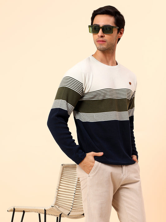 Sweater for Men | Winter Wear Polyester Fabric Pull-On Closure Round Neck Regular Fit Striped Pattern