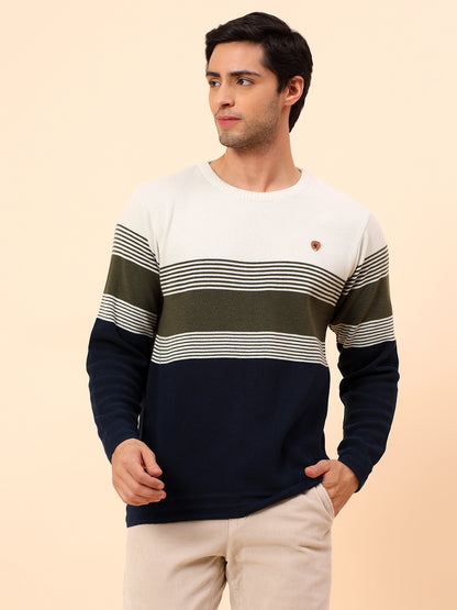 Sweater for Men | Winter Wear Polyester Fabric Pull-On Closure Round Neck Regular Fit Striped Pattern