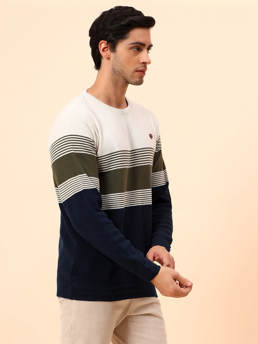 Sweater for Men | Winter Wear Polyester Fabric Pull-On Closure Round Neck Regular Fit Striped Pattern