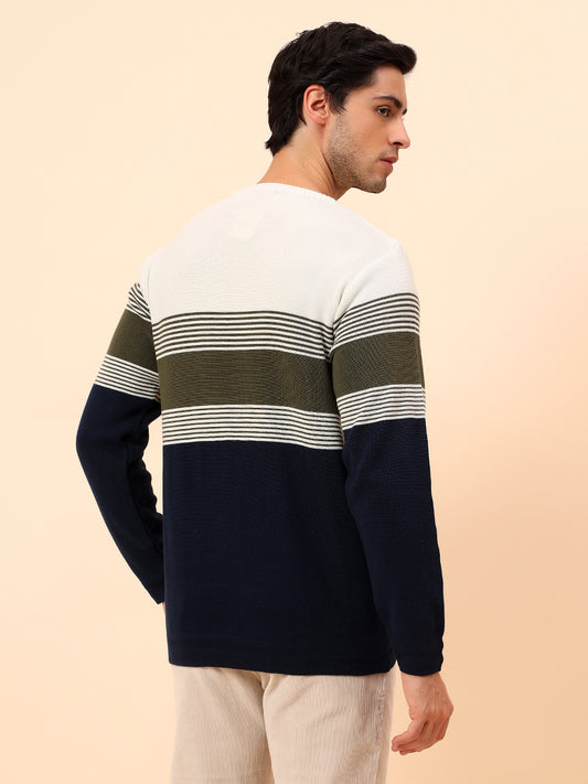 Sweater for Men | Winter Wear Polyester Fabric Pull-On Closure Round Neck Regular Fit Striped Pattern