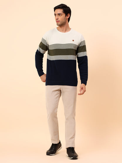 Sweater for Men | Winter Wear Polyester Fabric Pull-On Closure Round Neck Regular Fit Striped Pattern