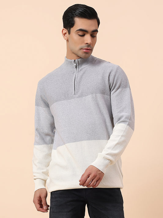 Sweater for Men | Winter Wear Cotton Fabric Zip Closure Mock Neck Regular Fit Colour Block Pattern