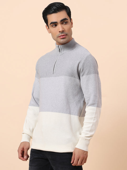 Sweater for Men | Winter Wear Cotton Fabric Zip Closure Mock Neck Regular Fit Colour Block Pattern