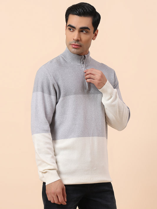 Sweater for Men | Winter Wear Cotton Fabric Zip Closure Mock Neck Regular Fit Colour Block Pattern