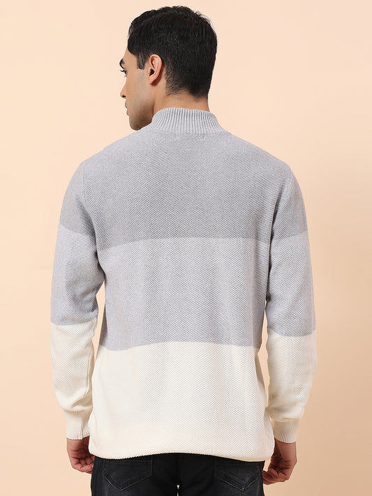 Sweater for Men | Winter Wear Cotton Fabric Zip Closure Mock Neck Regular Fit Colour Block Pattern