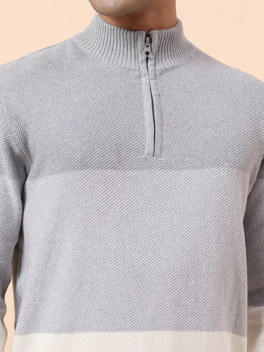 Sweater for Men | Winter Wear Cotton Fabric Zip Closure Mock Neck Regular Fit Colour Block Pattern
