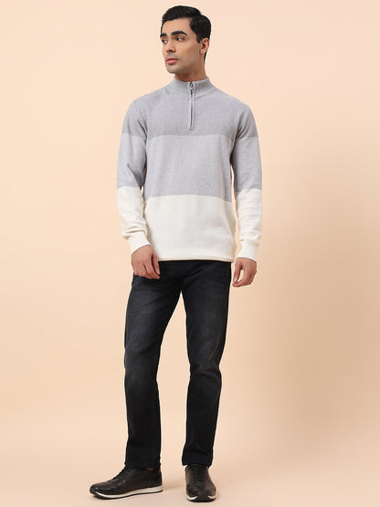 Sweater for Men | Winter Wear Cotton Fabric Zip Closure Mock Neck Regular Fit Colour Block Pattern