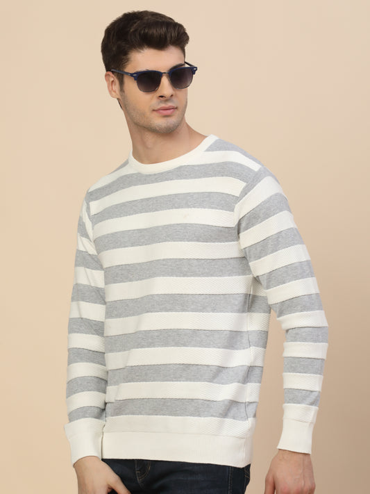 Sweater for Men | Winter Wear Cotton Fabric Pull-On Closure Round Neck Regular Fit Striped Pattern