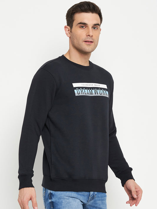 Typography Printed Navy Blue Full Sleeves Round Neck Regular Fit Casual Sweatshirt for Men