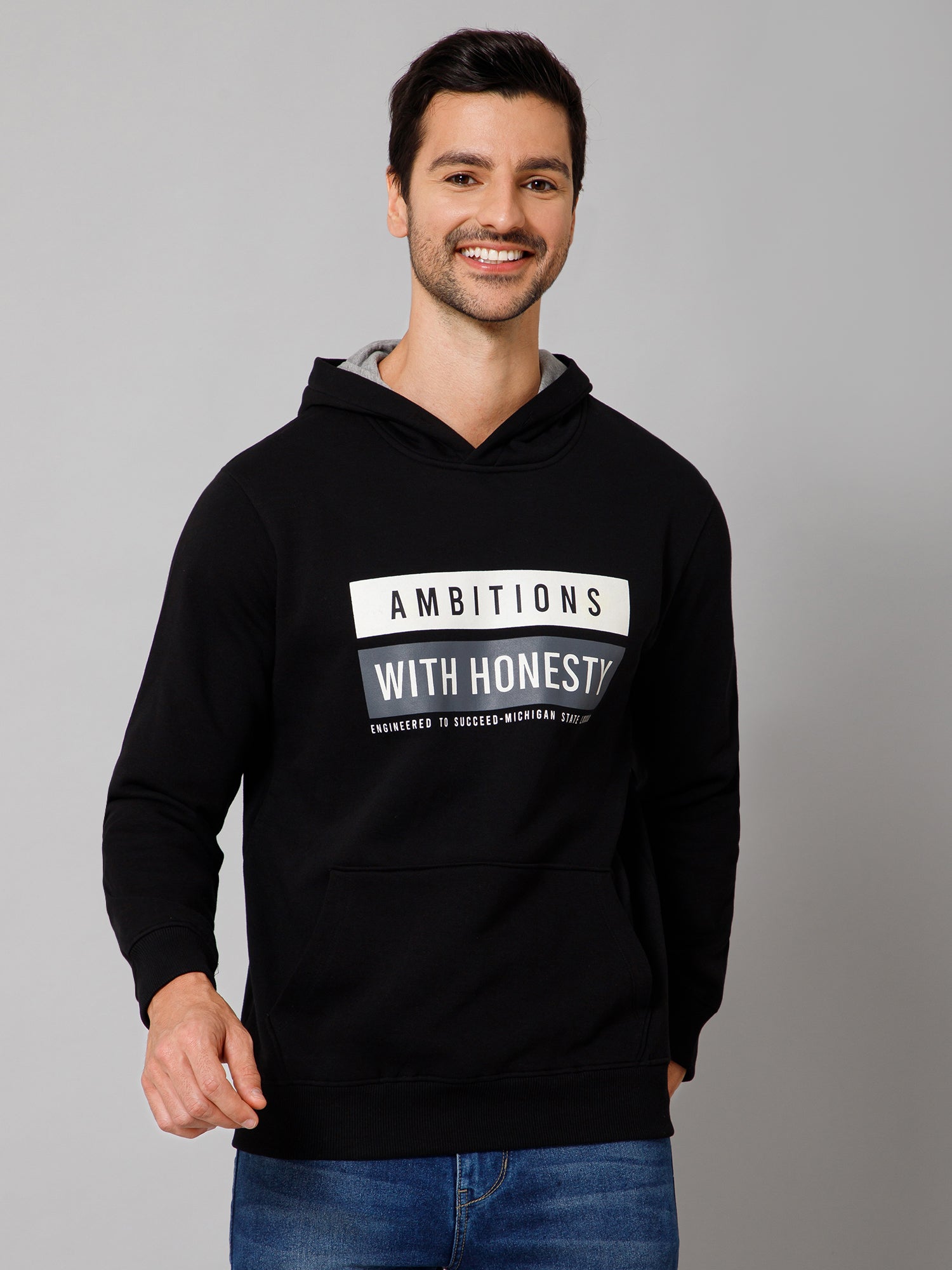 Printed Black Full Sleeves Hooded Neck Regular Fit Casual