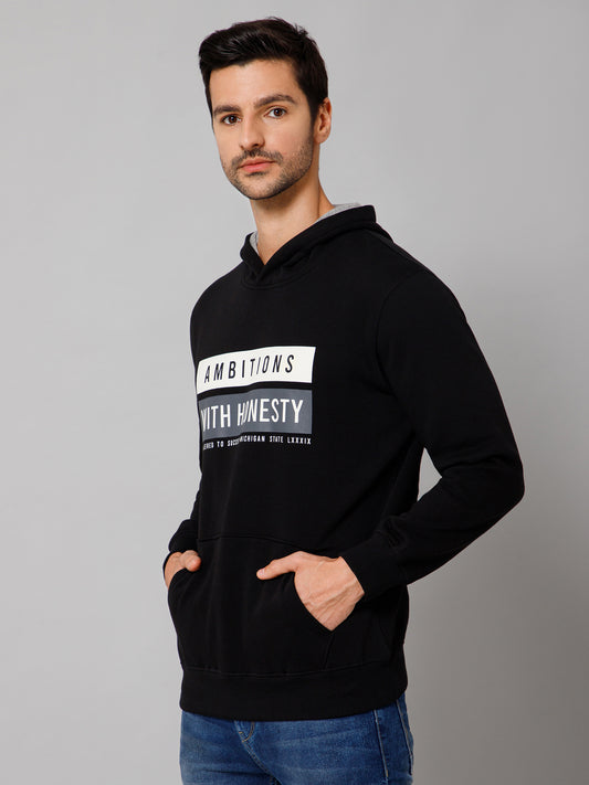 Printed Black Full Sleeves Hooded Neck Regular Fit Casual Sweatshirt for Men