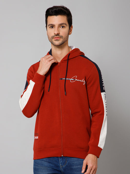 Solid Rust Full Sleeves Hooded Neck Regular Fit Casual Sweatshirt for Men