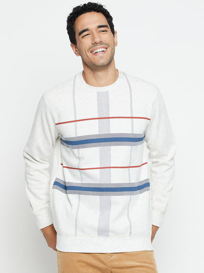 Striped Grey Full Sleeves Round Neck Regular Fit Casual Sweatshirt for Men