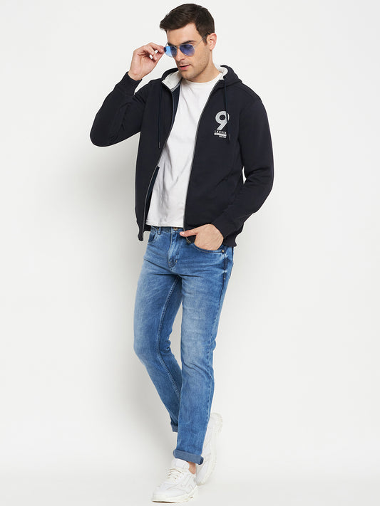 Typography Printed Navy Blue Full Sleeves Hooded Neck Regular Fit Casual Sweatshirt for Men