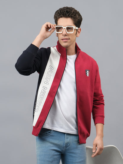 Men's Color Block Red Mock Neck Full Sleeves Casual Sweatshirt