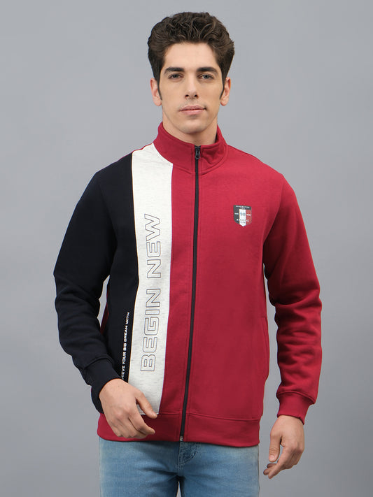 Men's Color Block Red Mock Neck Full Sleeves Casual Sweatshirt