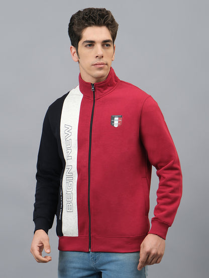 Men's Color Block Red Mock Neck Full Sleeves Casual Sweatshirt