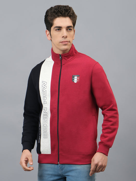 Men's Color Block Red Mock Neck Full Sleeves Casual Sweatshirt