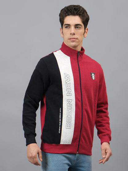 Men's Color Block Red Mock Neck Full Sleeves Casual Sweatshirt