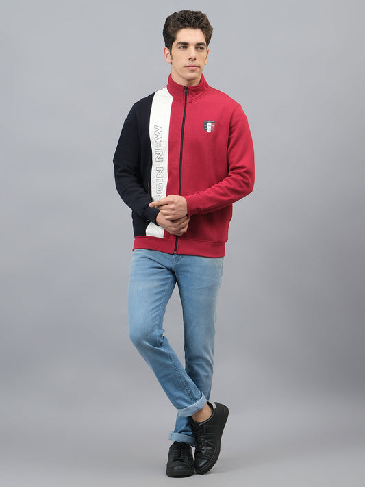 Men's Color Block Red Mock Neck Full Sleeves Casual Sweatshirt