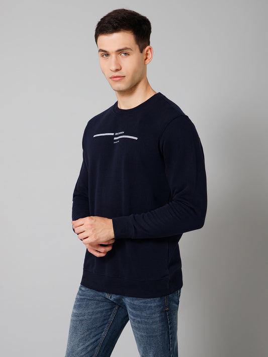 Solid Navy Blue Full Sleeves Round Neck Regular Fit Casual Sweatshirt For Men