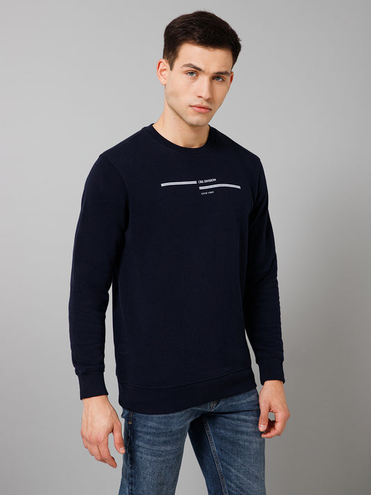 Solid Navy Blue Full Sleeves Round Neck Regular Fit Casual Sweatshirt For Men