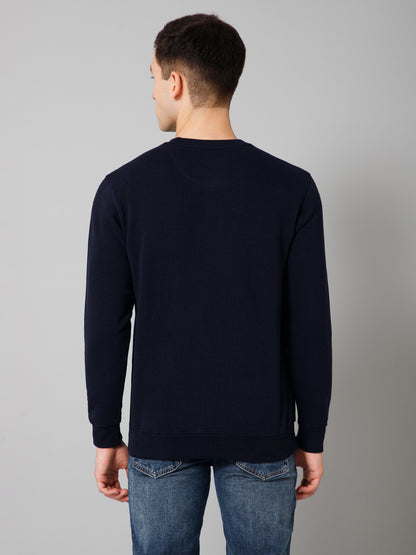 Solid Navy Blue Full Sleeves Round Neck Regular Fit Casual Sweatshirt For Men