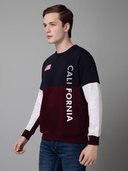 Color Blocked Wine Full Sleeves Rounded Neck Regular Fit Casual Sweatshirt for Men