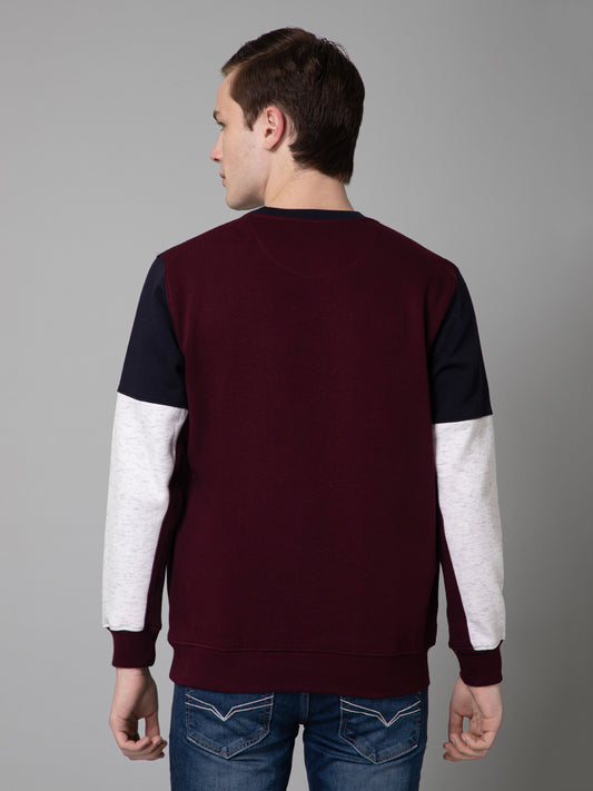 Color Blocked Wine Full Sleeves Rounded Neck Regular Fit Casual Sweatshirt for Men